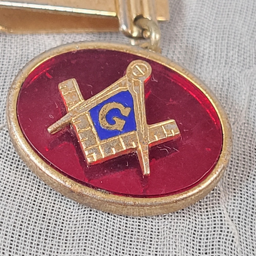 Gold Tone Masonic Dangle Tie Bar Red Blue Enamel Square Compasses Fraternal